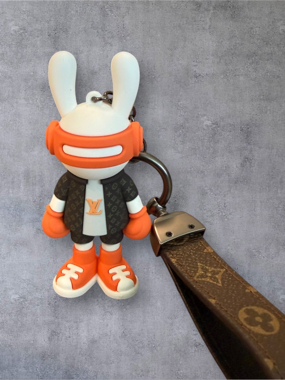Source Unknown Orange, White & Brown Bunny Keychain with Monogram Strap